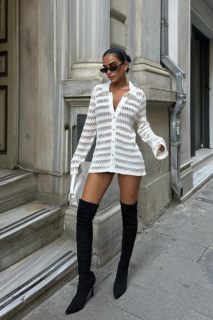 Openwork Polo Collar Knit Cardigan – Elegant Button-Up Cotton Blend Top for Daily Chic Style – White