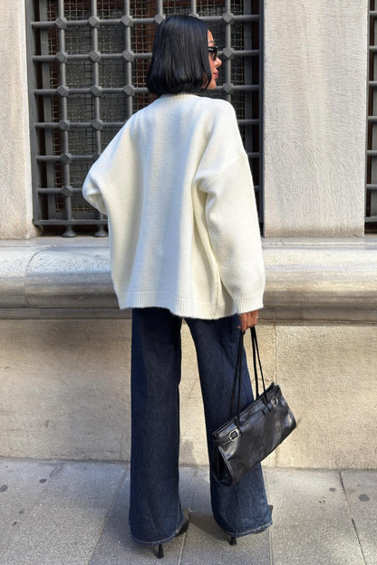 Luxury Oversized Cotton Blend Cardigan with Denim Detail - V-Neck – Maroon