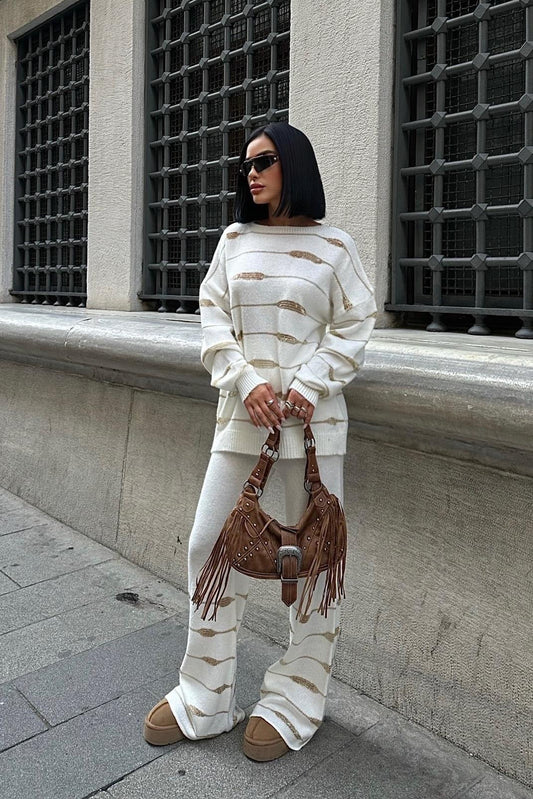 Ellery Glitter Knit Set – Shimmering Acrylic Sweater and Pants Two-Piece Outfit – Cream