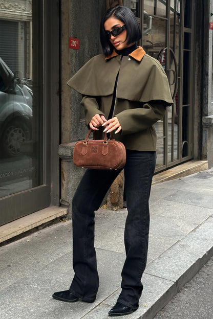 Cape-Style Trench Jacket with Velvet Collar – Short Cotton Blend Coat – Navy Blue