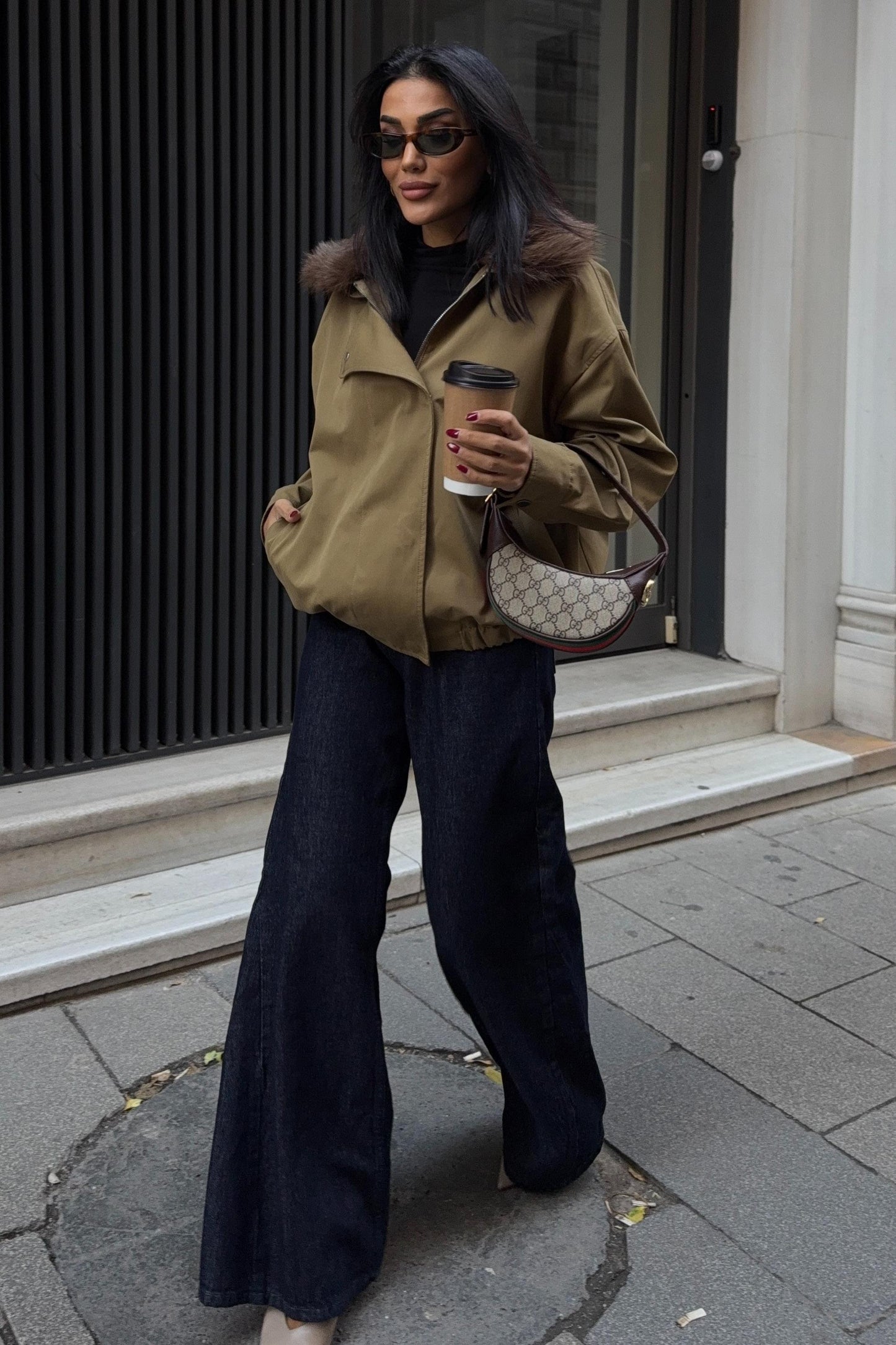 Faux Fur Collar Parka Bomber Jacket – Street-Chic Everyday Outerwear – Beige