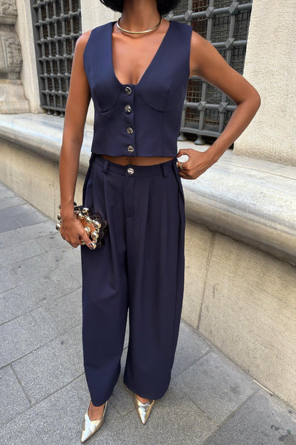 Elegant Double Fabric Vest & Pleated Wide-Leg Pants Set – Navy Blue