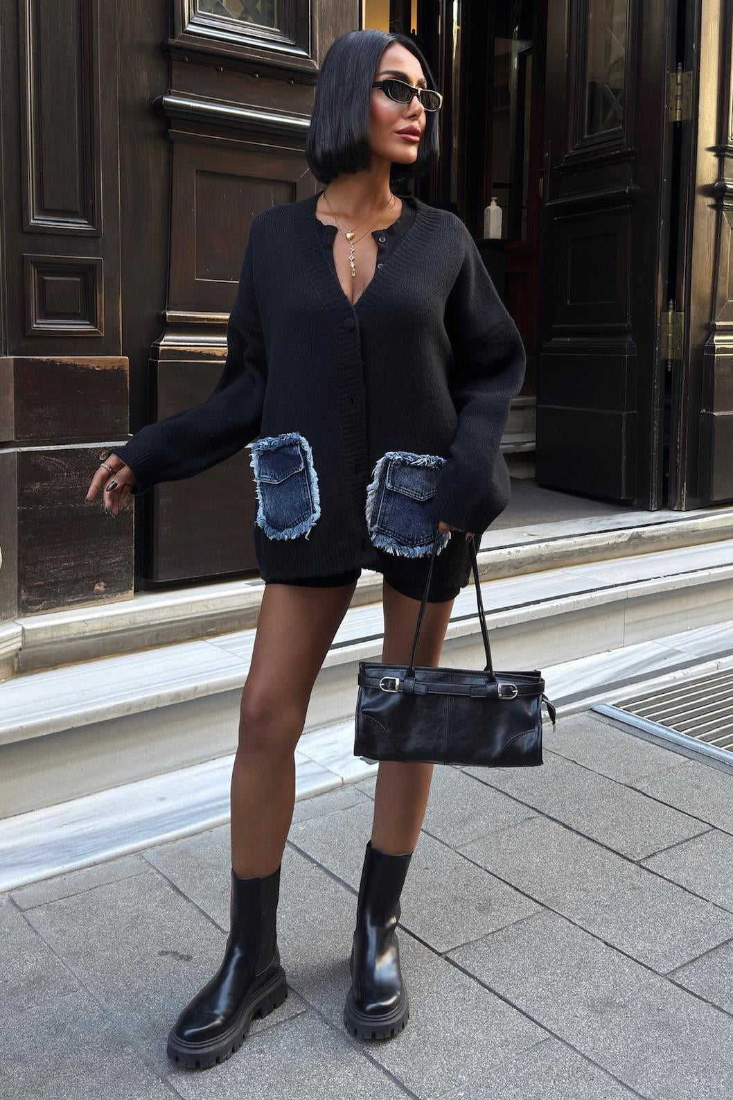 Luxury Oversized Cotton Blend Cardigan with Denim Detail - V-Neck – Maroon