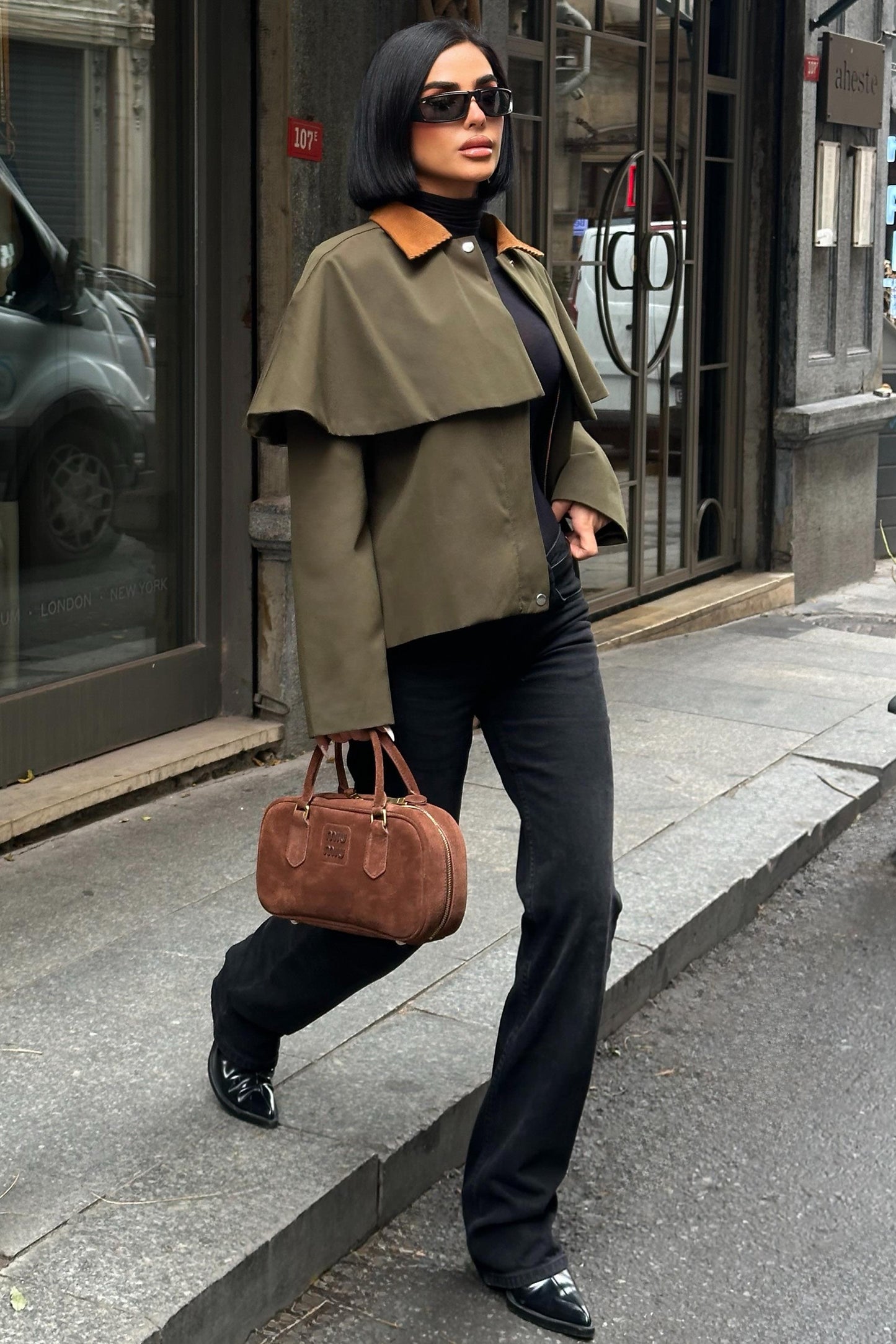 Cape-Style Trench Jacket with Velvet Collar – Short Cotton Blend Coat – Navy Blue