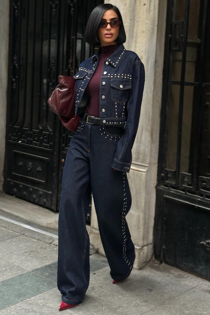 ✨ Studded Denim Jacket & Wide-Leg Pants Set – 100% Cotton Premium Streetwear Co-ord