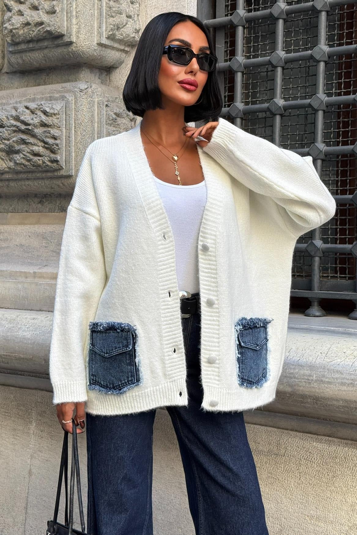 Luxury Oversized Cotton Blend Cardigan with Denim Detail - V-Neck – Maroon