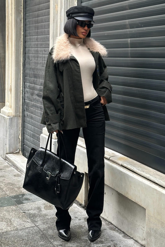 Oversized Fur-Collar Cotton Jacket – Premium Street Style Outerwear – Dark Green