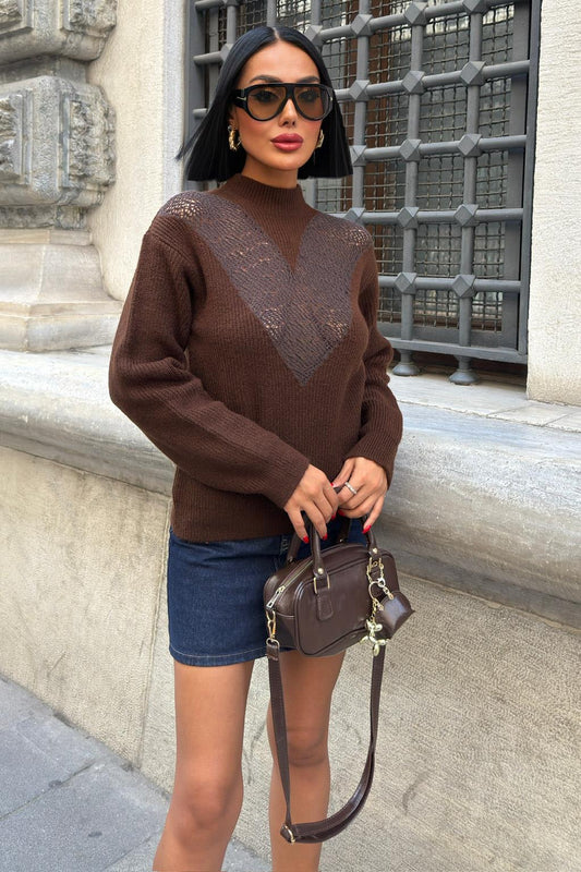 ✨ V-Pattern Knit Sweater – Chic Mock Neck Cotton Blend Pullover – Brown