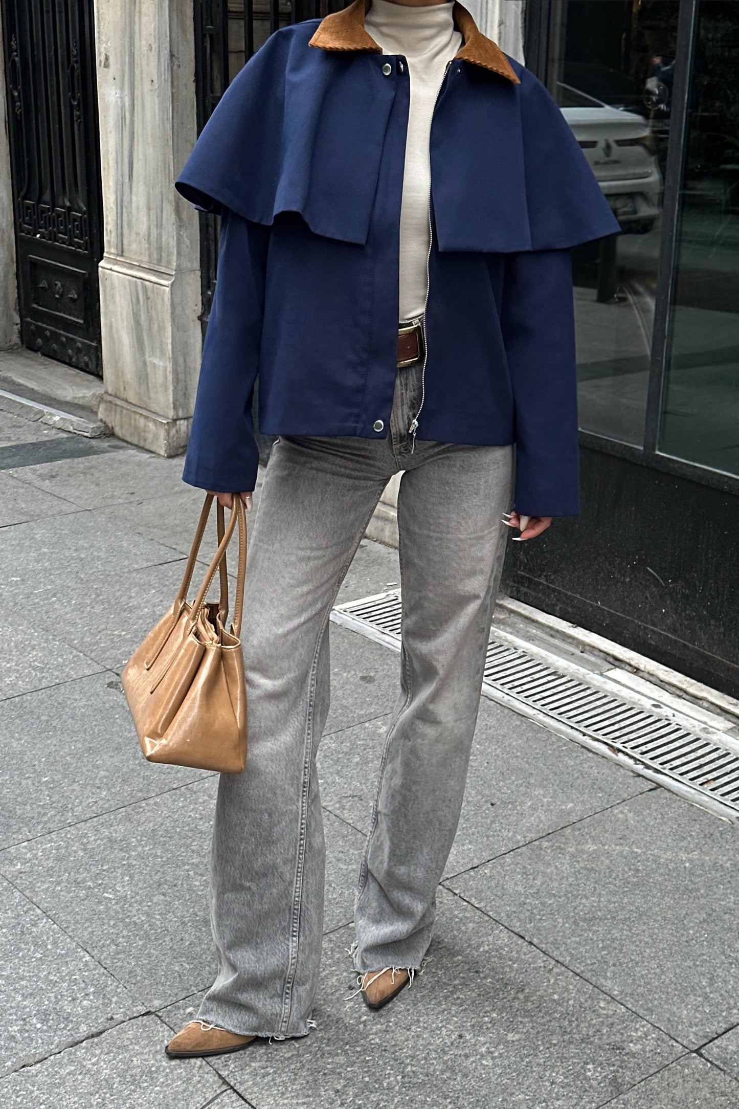 Cape-Style Trench Jacket with Velvet Collar – Short Cotton Blend Coat – Navy Blue