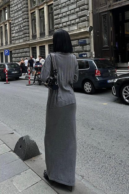 Darcy Knit Skirt & Top Set – Elegant Ribbed Two-Piece with Slit Detail – Gray