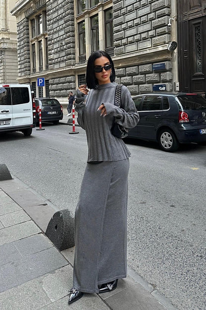 Darcy Knit Skirt & Top Set – Elegant Ribbed Two-Piece with Slit Detail – Gray