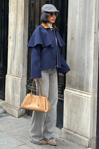 Cape-Style Trench Jacket with Velvet Collar – Short Cotton Blend Coat – Navy Blue