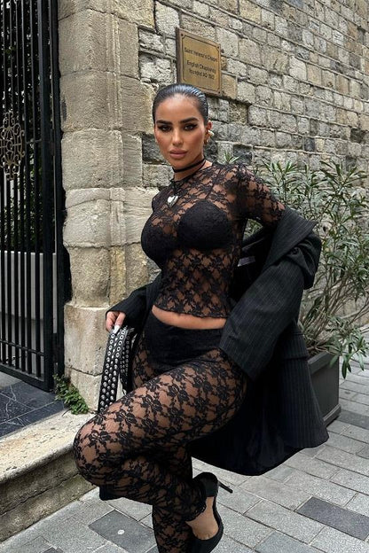 Lace Crop Top & Pants Set – Elegant Sheer Two-Piece for Night Out
