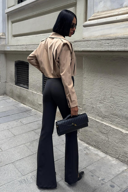 High-Waist Flared Pants with Front Clasp Detail – Elegant Double Fabric Trousers for Women