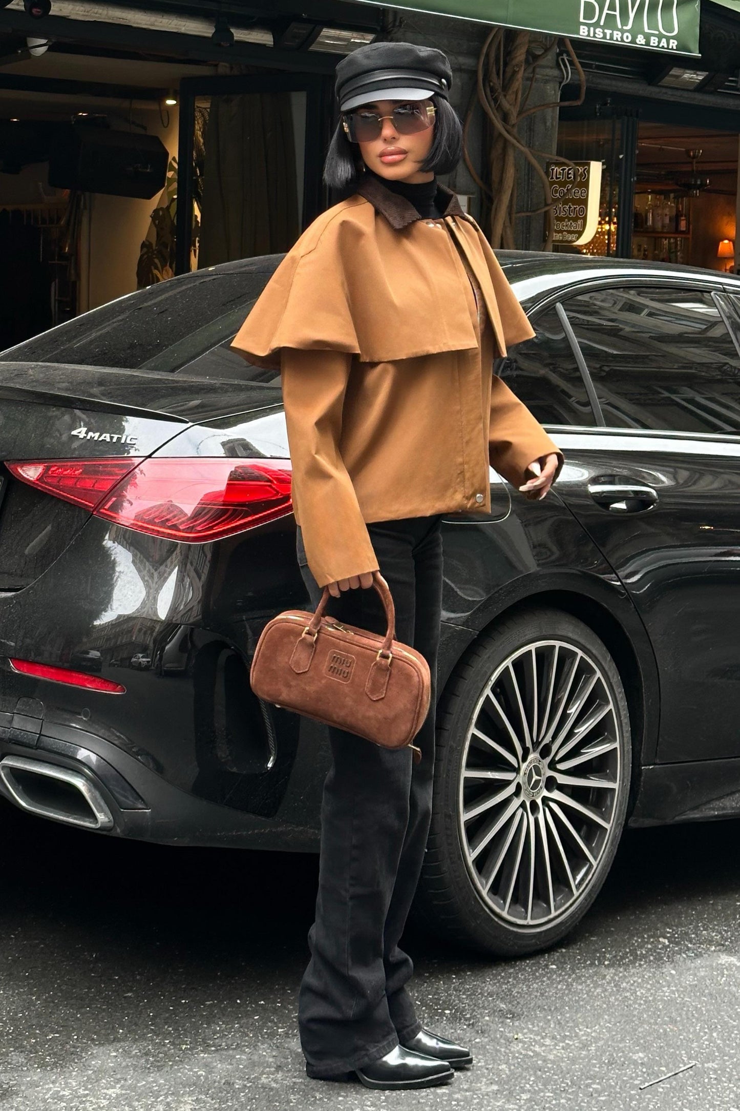 Cape-Style Trench Jacket with Velvet Collar – Short Cotton Blend Coat – Navy Blue