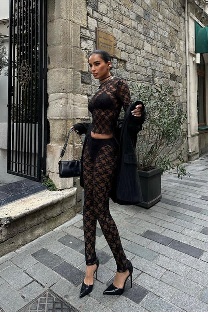 Lace Crop Top & Pants Set – Elegant Sheer Two-Piece for Night Out