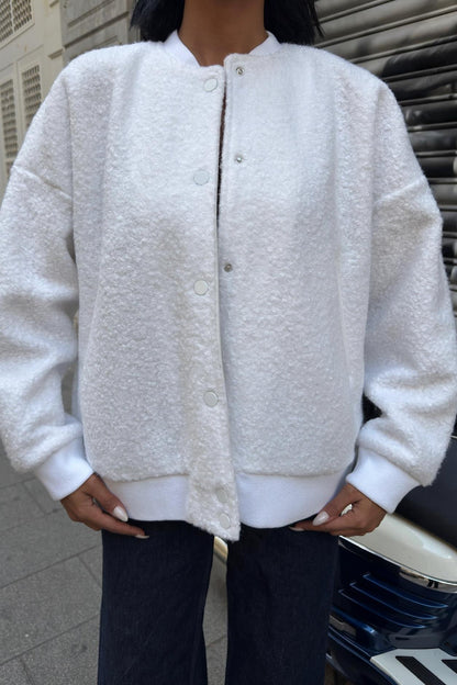 Teddy Textured Bomber Jacket – Cozy Street Style in White & Brown