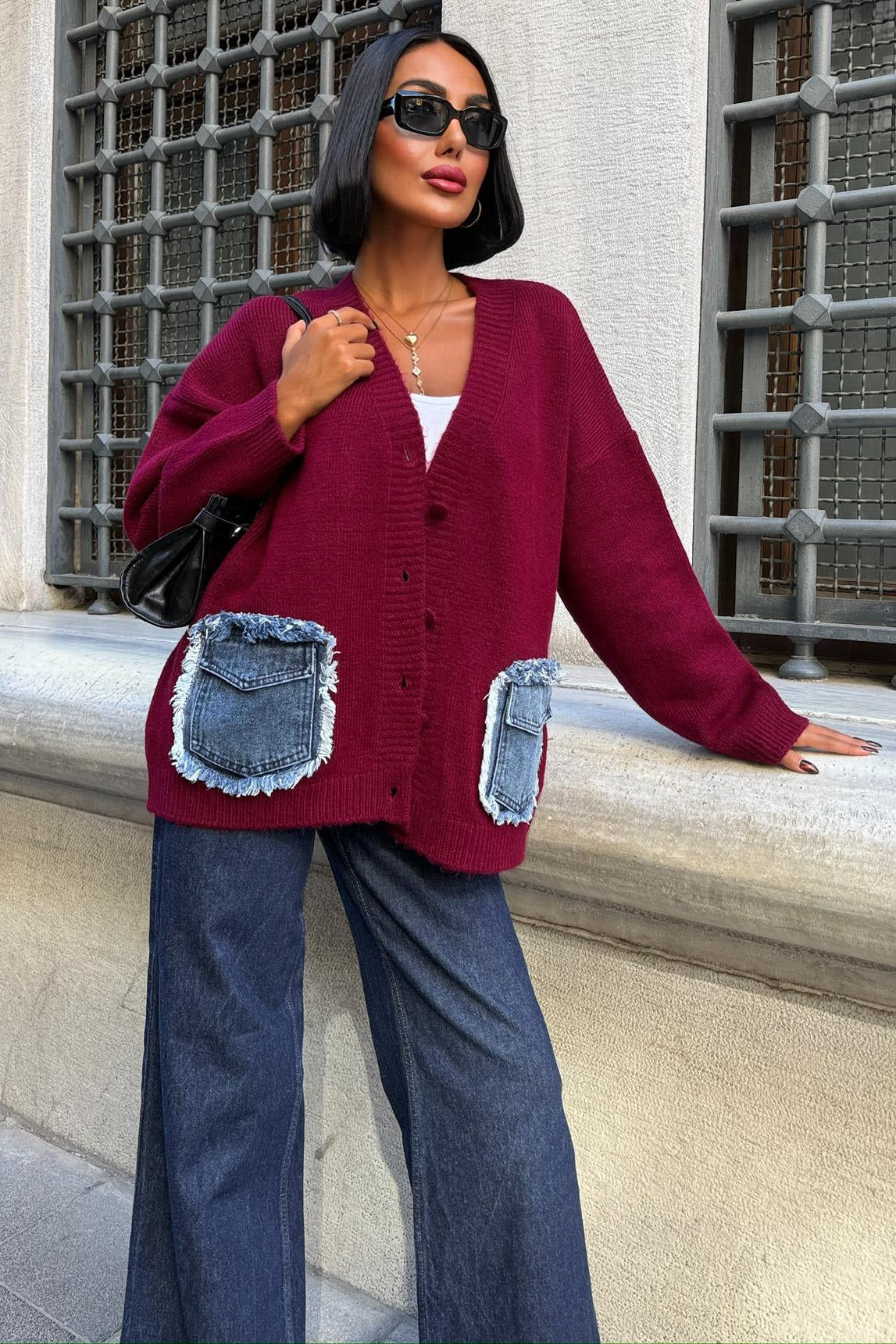 Luxury Oversized Cotton Blend Cardigan with Denim Detail - V-Neck – Maroon