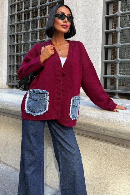 Luxury Oversized Cotton Blend Cardigan with Denim Detail - V-Neck – Maroon