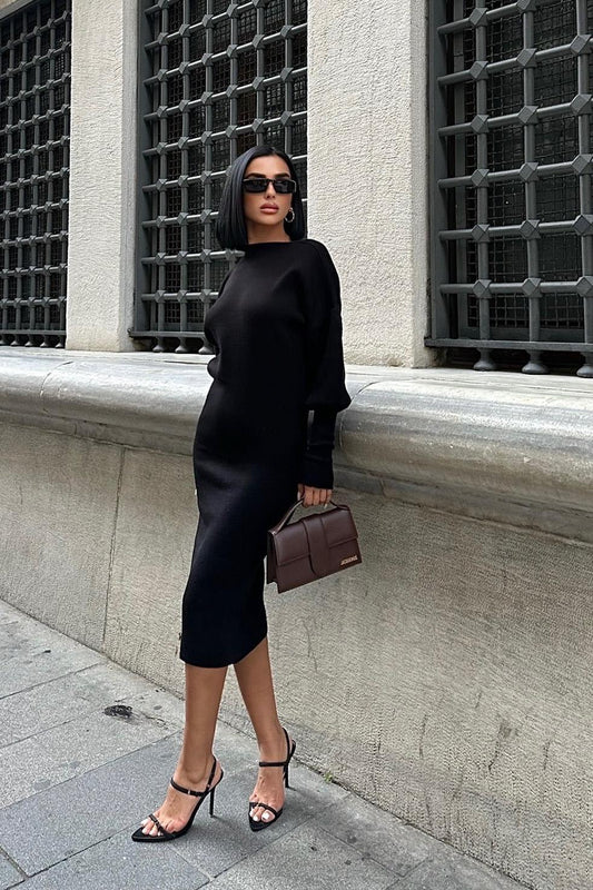 Bert Open-Back Balloon Sleeve Knit Midi Dress – Elegant Night Look