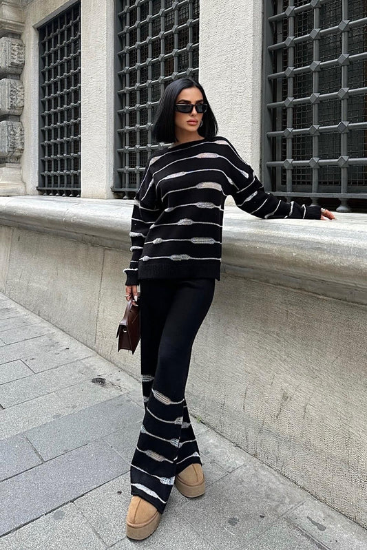 Ellery Glitter Knit Set – Shimmering Acrylic Sweater and Pants Two-Piece Outfit – Black