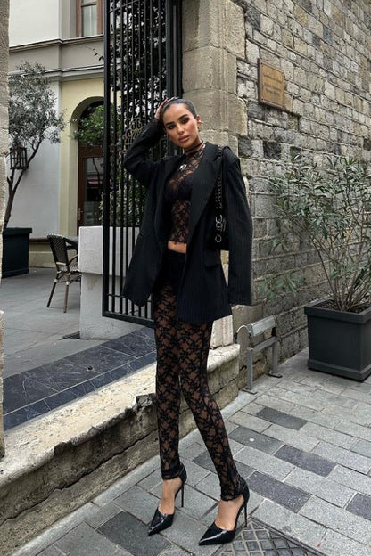 Lace Crop Top & Pants Set – Elegant Sheer Two-Piece for Night Out