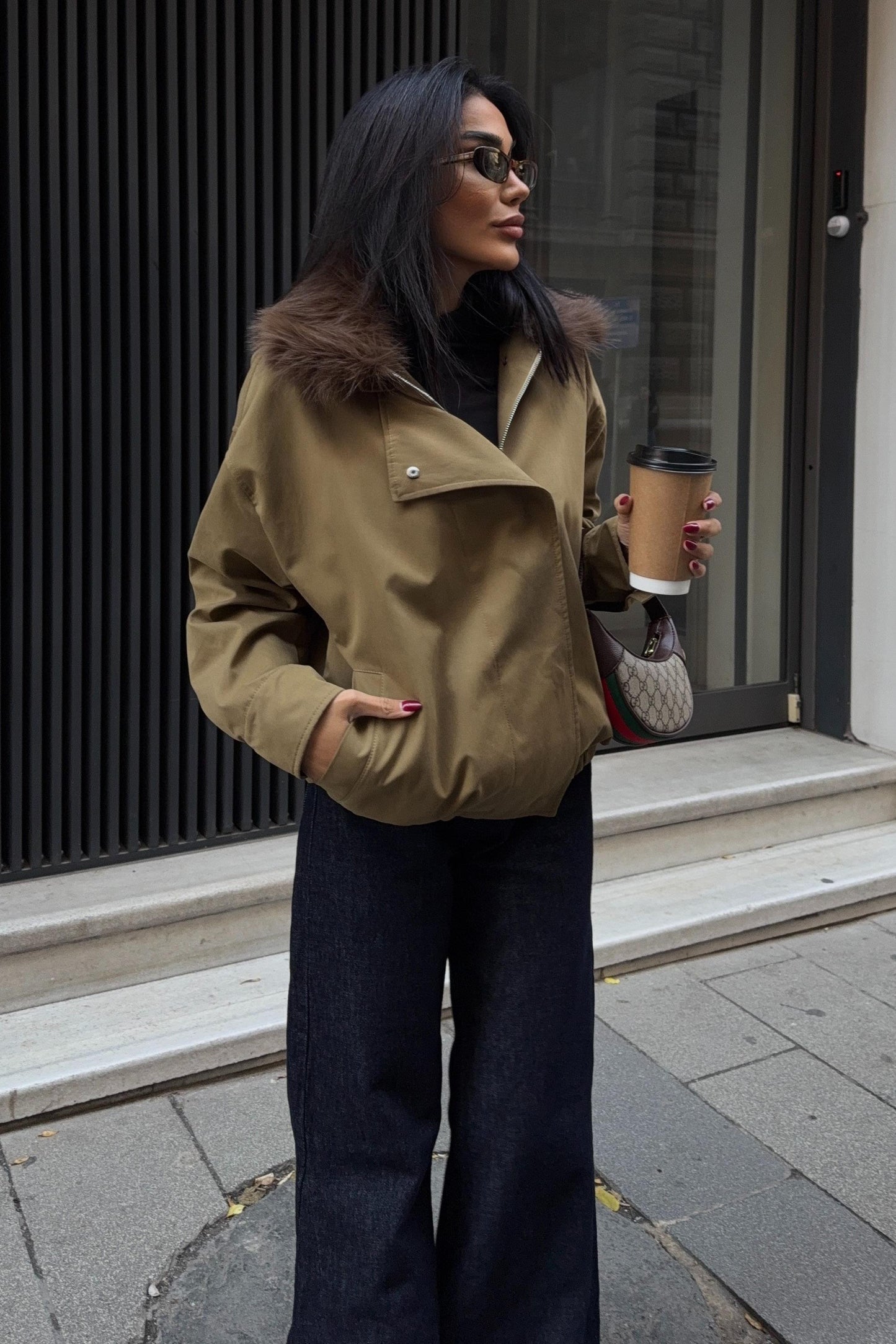 Faux Fur Collar Parka Bomber Jacket – Street-Chic Everyday Outerwear – Beige