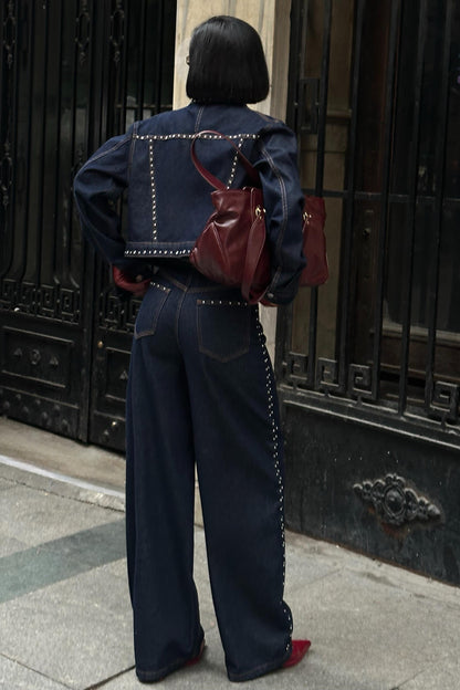 ✨ Studded Denim Jacket & Wide-Leg Pants Set – 100% Cotton Premium Streetwear Co-ord