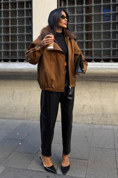 Faux Fur Collar Parka Bomber Jacket – Street-Chic Everyday Outerwear – Beige