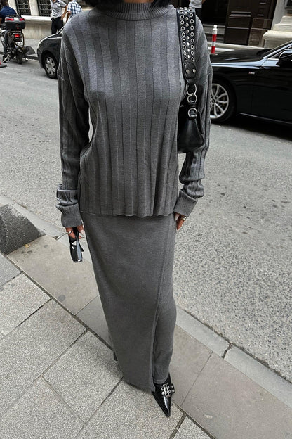 Darcy Knit Skirt & Top Set – Elegant Ribbed Two-Piece with Slit Detail – Gray
