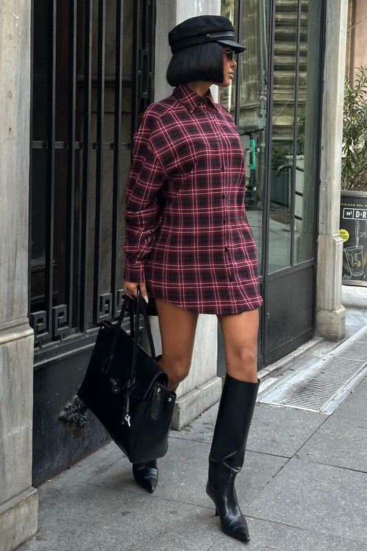Plaid Oversized Cotton Shirt – Lumberjack Style Casual Look – Wine Red
