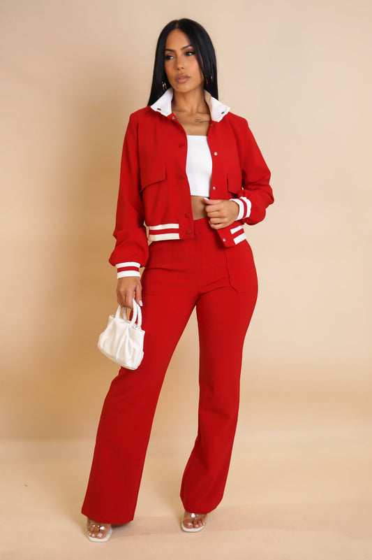 Jersey Look Pant Set - Red