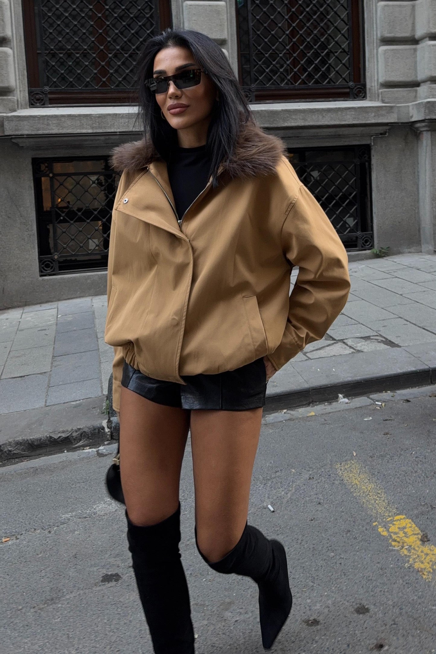 Faux Fur Collar Parka Bomber Jacket – Street-Chic Everyday Outerwear – Beige