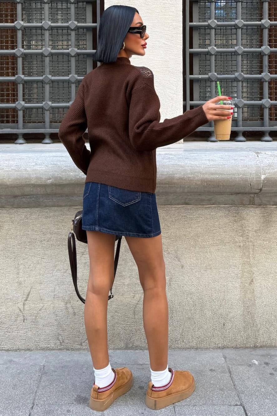 ✨ V-Pattern Knit Sweater – Chic Mock Neck Cotton Blend Pullover – Brown