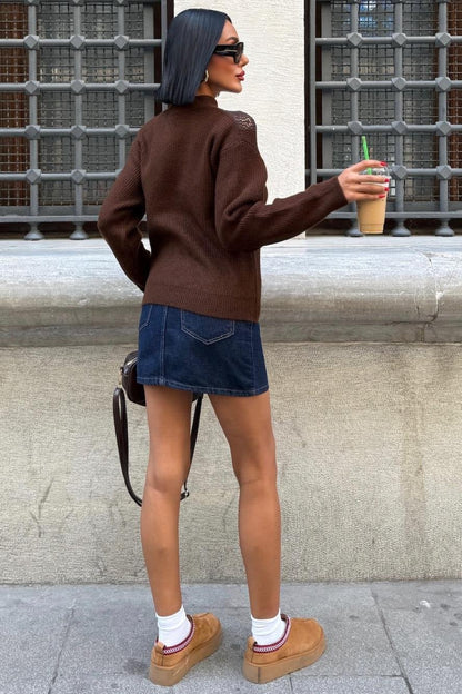 ✨ V-Pattern Knit Sweater – Chic Mock Neck Cotton Blend Pullover – Brown