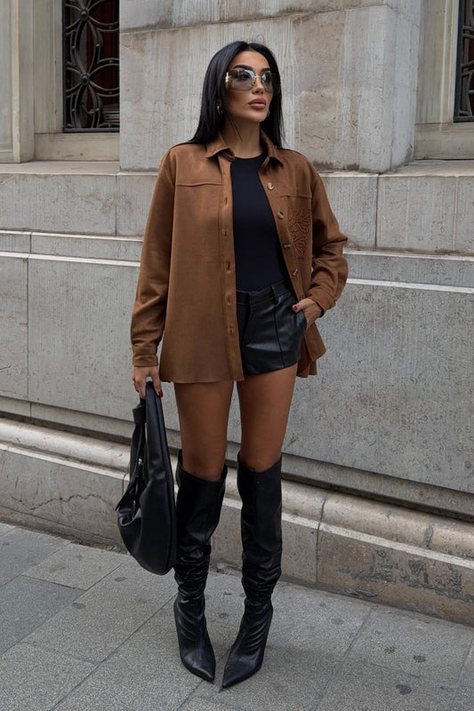 Suede Shirt with Embroidered Pocket Detail – Chic Oversized Button-Up for Women