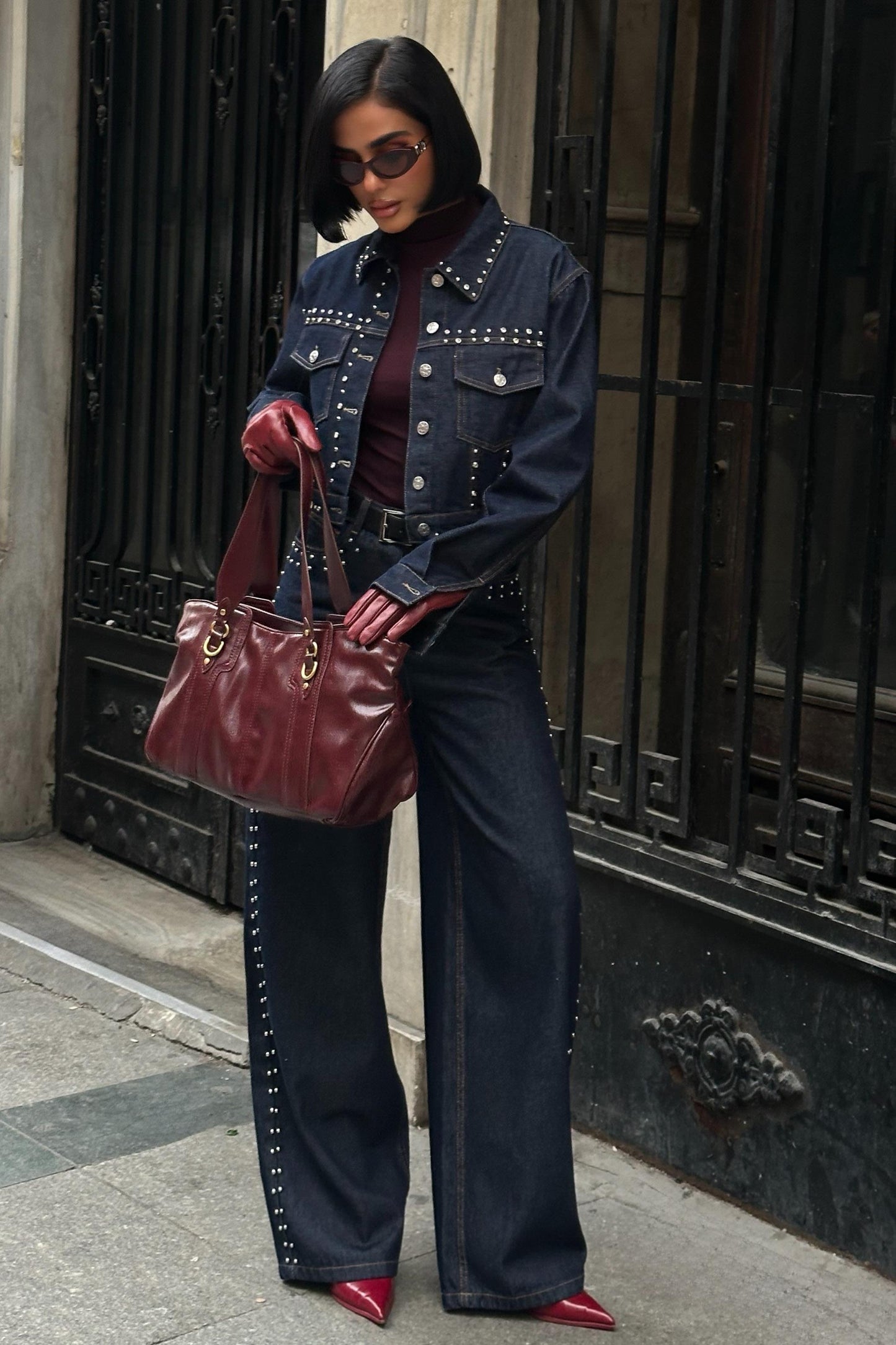 ✨ Studded Denim Jacket & Wide-Leg Pants Set – 100% Cotton Premium Streetwear Co-ord