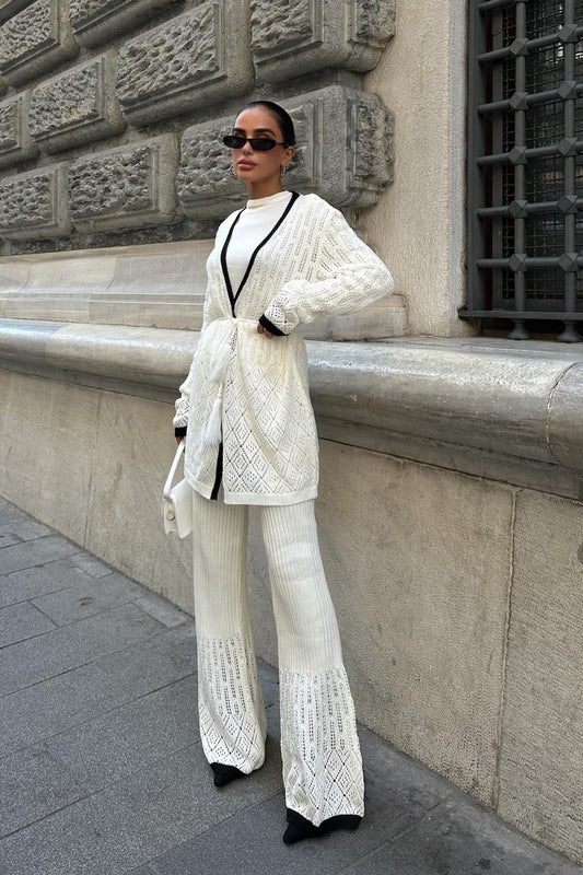 Elegant Knit Patterned Two-Tone Set – Openwork Detail & Belted Cardigan – Ecru