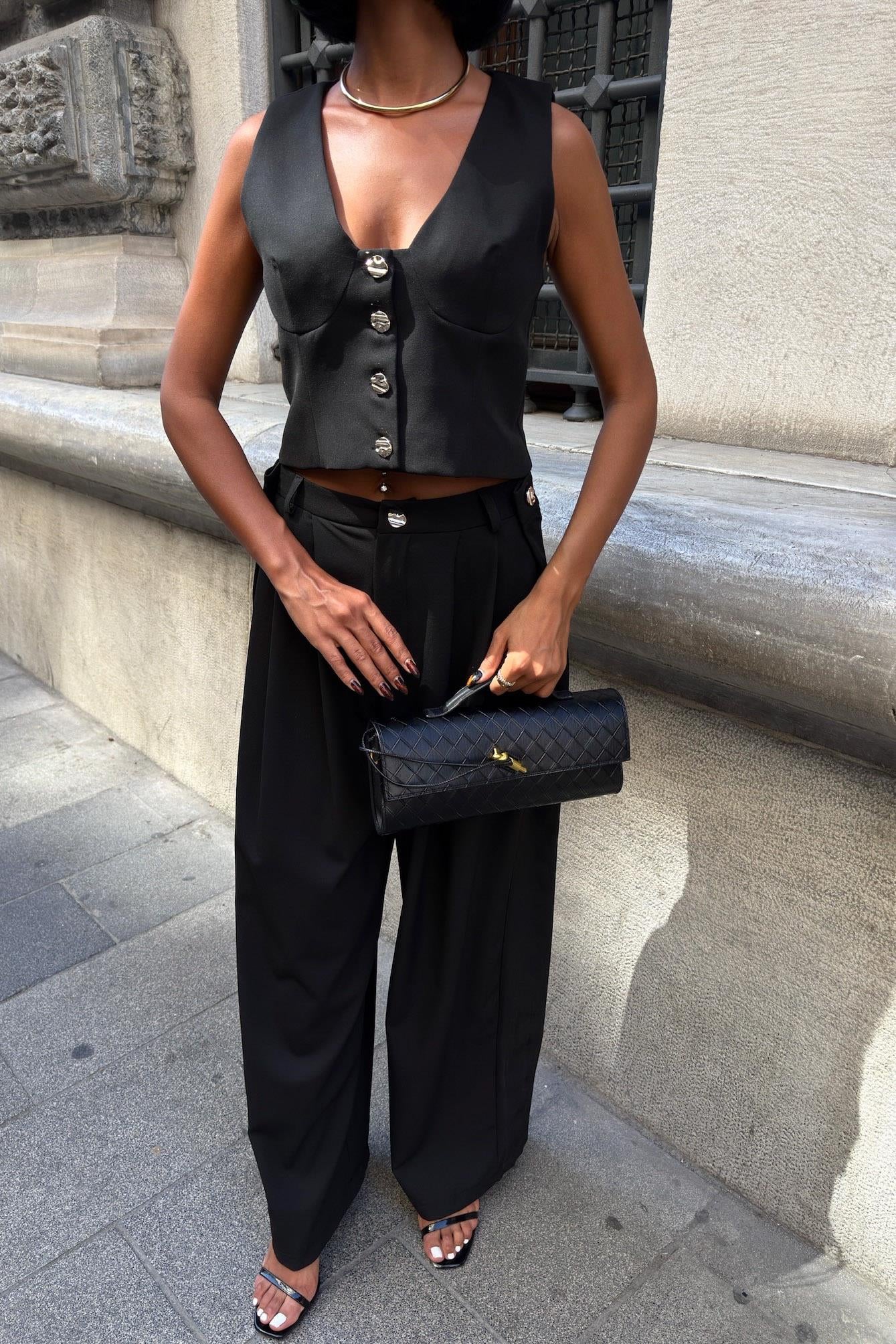 Elegant Double Fabric Vest & Pleated Wide-Leg Pants Set – Navy Blue