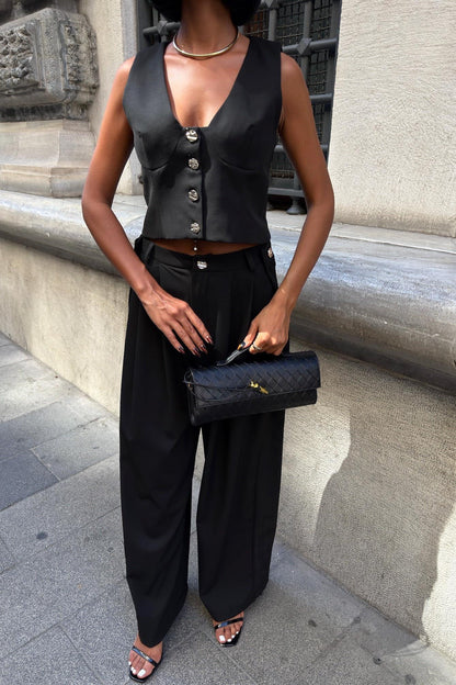 Elegant Double Fabric Vest & Pleated Wide-Leg Pants Set – Navy Blue