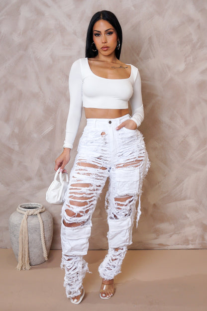 White Distressed High-Waist Jeans – Premium Ripped Denim for Women