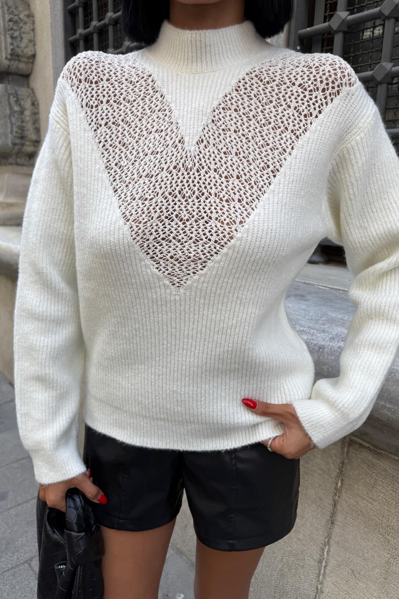 ✨ V-Pattern Knit Sweater – Chic Mock Neck Cotton Blend Pullover – Brown