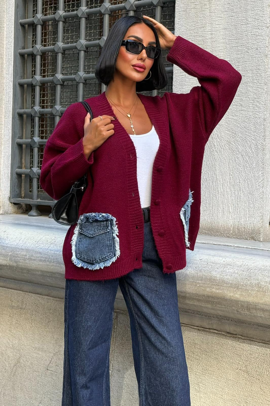 Luxury Oversized Cotton Blend Cardigan with Denim Detail - V-Neck – Maroon