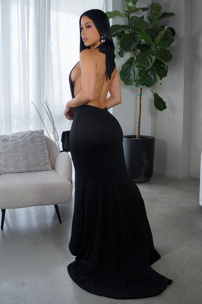 Black Maxi Dress - Halter Neck Backless Evening Gown