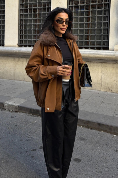 Faux Fur Collar Parka Bomber Jacket – Street-Chic Everyday Outerwear – Beige