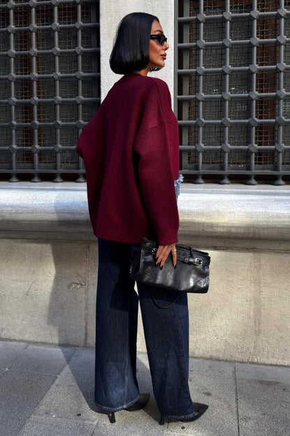 Luxury Oversized Cotton Blend Cardigan with Denim Detail - V-Neck – Maroon