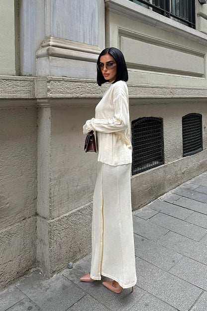 Darcy Knit Skirt & Top Set – Elegant Ribbed Two-Piece with Slit Detail – Gray