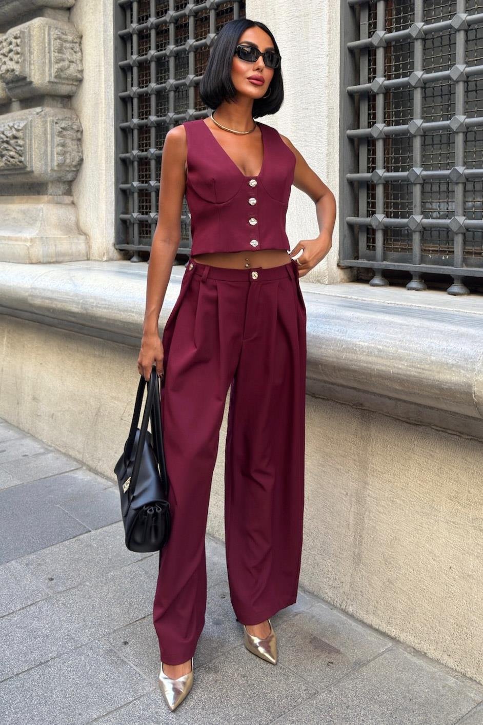 Elegant Double Fabric Vest & Pleated Wide-Leg Pants Set – Navy Blue