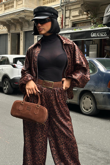 Leopard Satin Bomber Jacket & Harem Pants Premium Set
