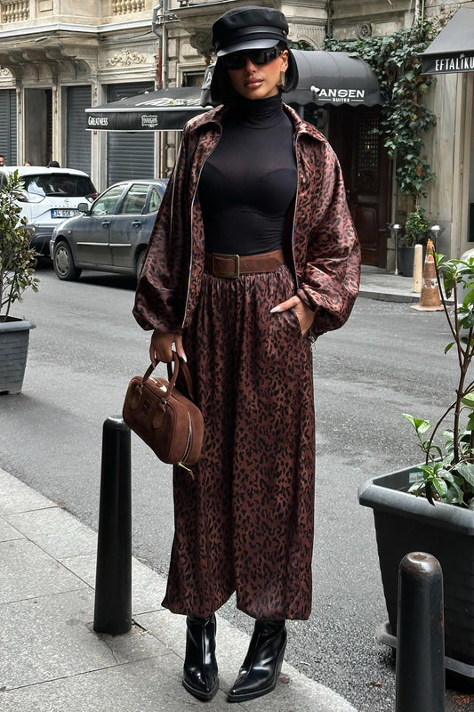 Leopard Satin Bomber Jacket & Harem Pants Premium Set